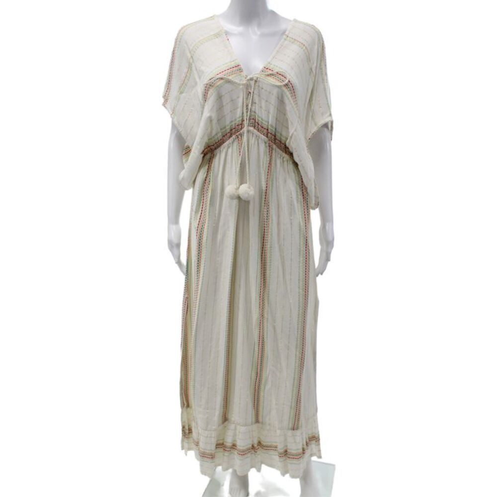 America & Beyond Women Bohemian Striped White Kaftan V-Neck Short Sleeve Size S